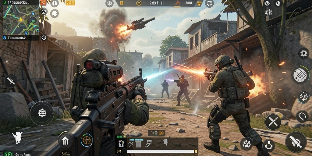 Screenshot gameplay <strong>34R</strong> menunjukkan aksi tempur yang dinamis dan grafis yang menawan.
