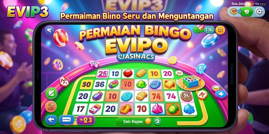 Screenshot gameplay EVIP3 menampilkan suasana Bingo yang seru dan penuh warna.