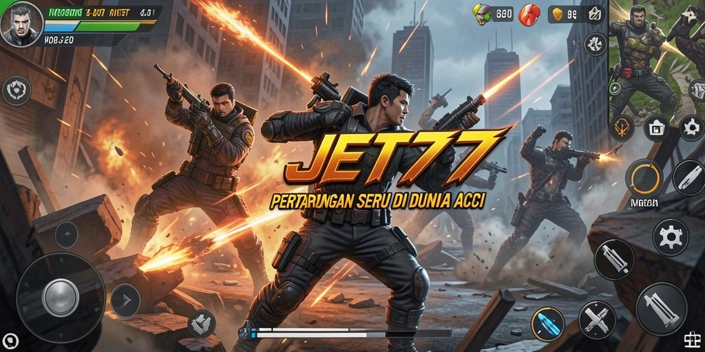 Tampilan aksi seru dalam JET77 saat karakter bertarung.