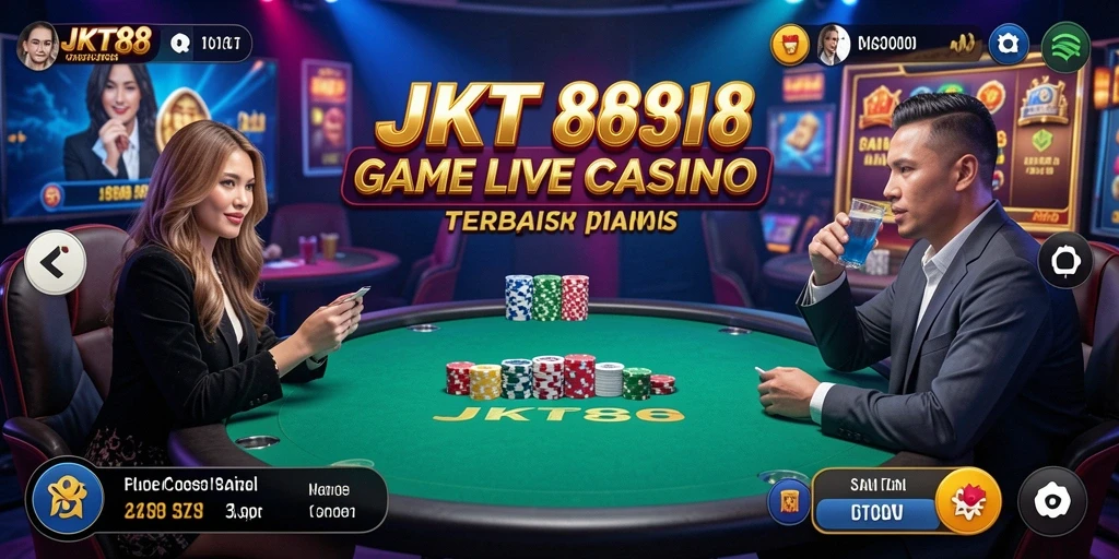 Screenshot gameplay JKT88 menunjukkan dealer live dengan pemain yang aktif berpartisipasi.