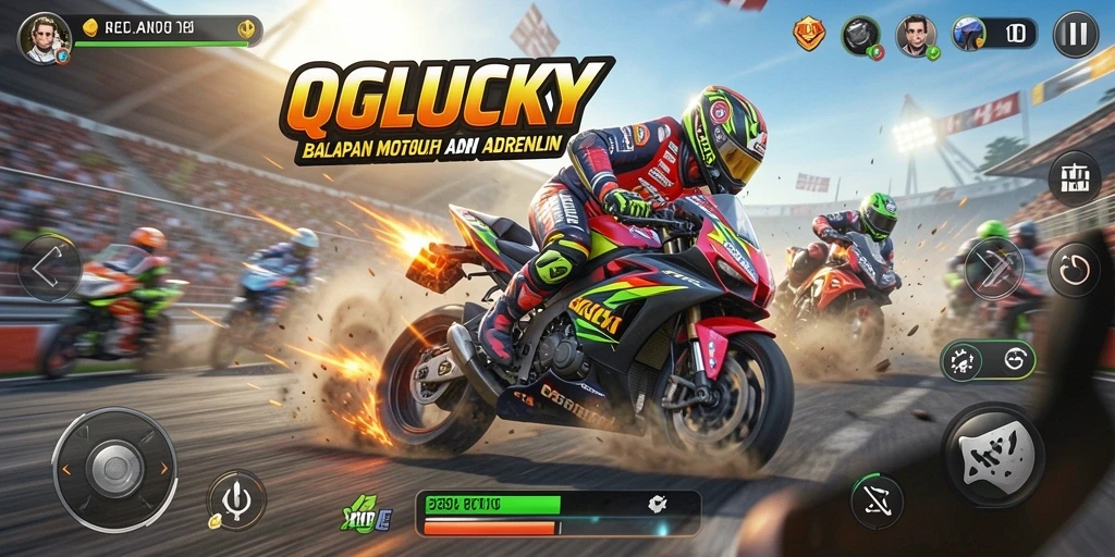 Gameplay QGLUCKY dengan balapan motor yang mendebarkan dan adrenalin tinggi.
